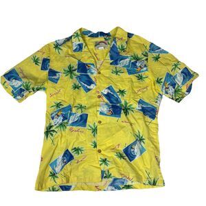 Vintage Paradise Found Hawaiian Shirt Large Aloha Yellow Surf Palm Tree Hawaii‎